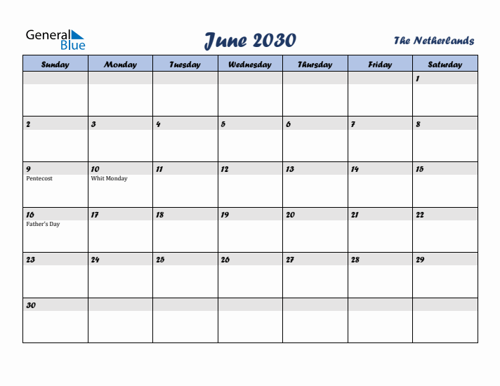 June 2030 Calendar with Holidays in The Netherlands