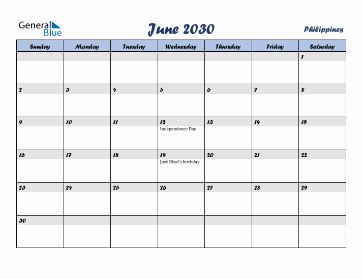 June 2030 Calendar with Holidays in Philippines
