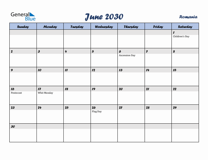 June 2030 Calendar with Holidays in Romania