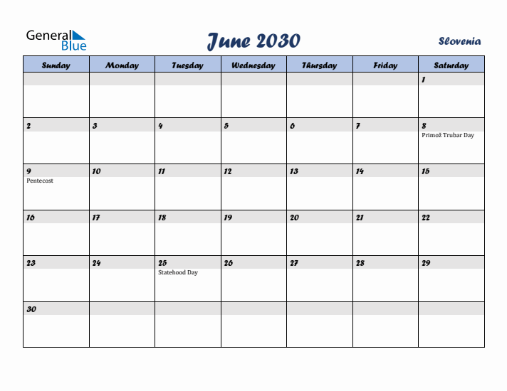 June 2030 Calendar with Holidays in Slovenia