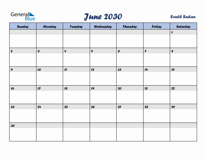June 2030 Calendar with Holidays in South Sudan