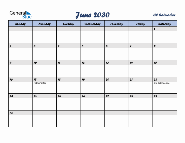 June 2030 Calendar with Holidays in El Salvador