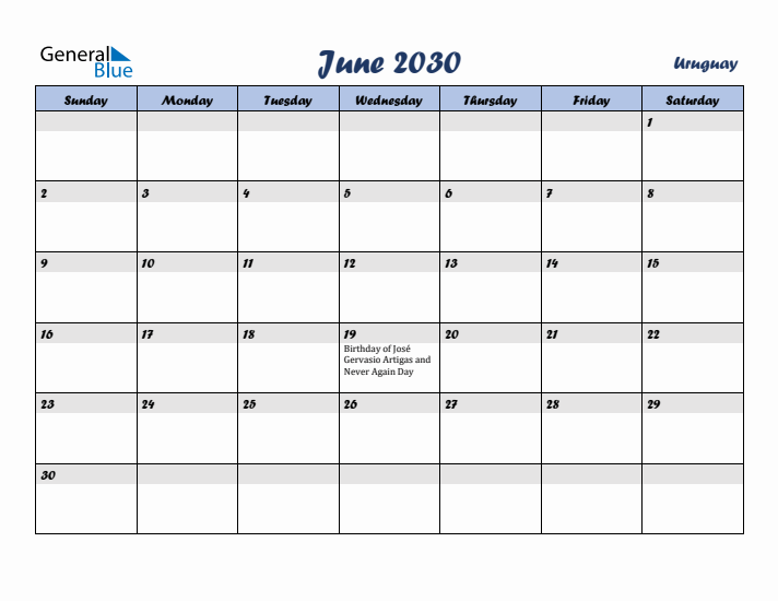June 2030 Calendar with Holidays in Uruguay