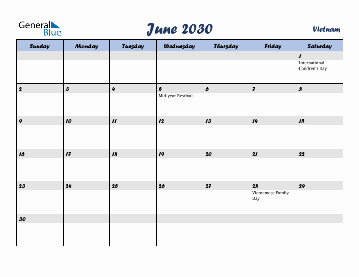 June 2030 Calendar with Holidays in Vietnam