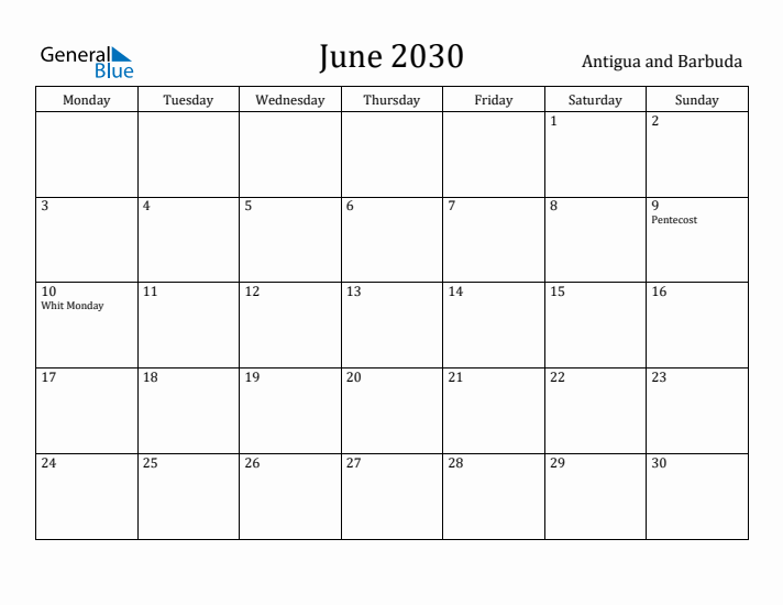 June 2030 Calendar Antigua and Barbuda