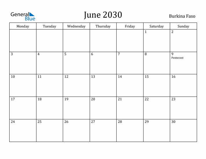 June 2030 Calendar Burkina Faso