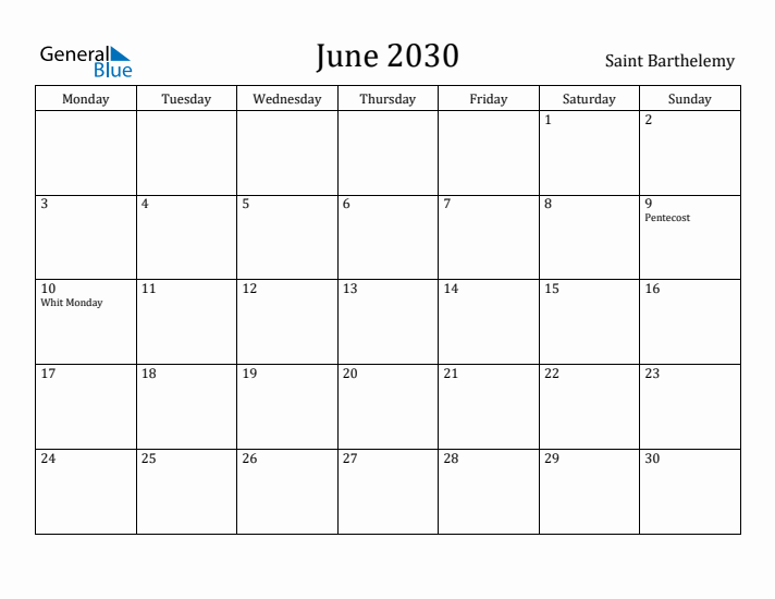 June 2030 Calendar Saint Barthelemy