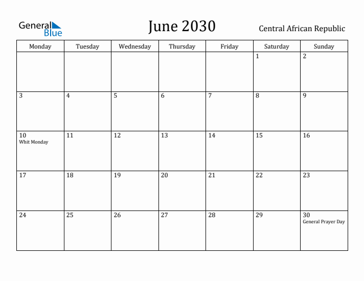 June 2030 Calendar Central African Republic