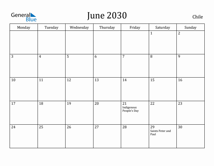 June 2030 Calendar Chile