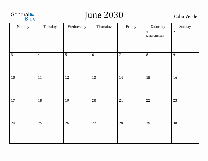 June 2030 Calendar Cabo Verde