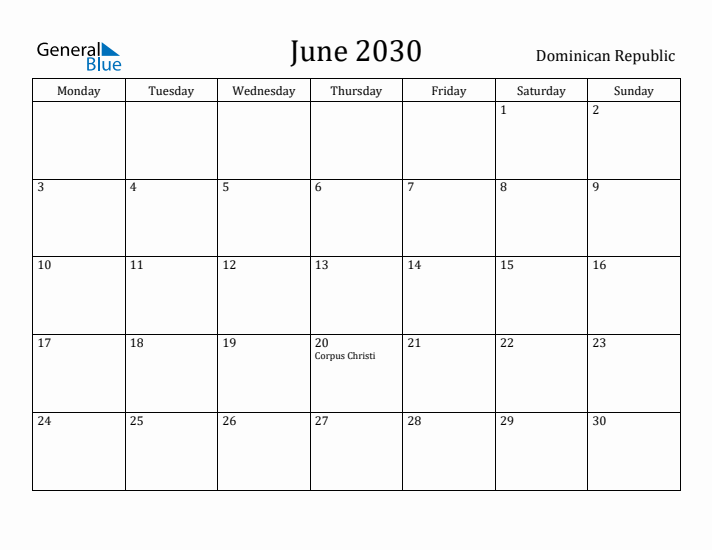 June 2030 Calendar Dominican Republic