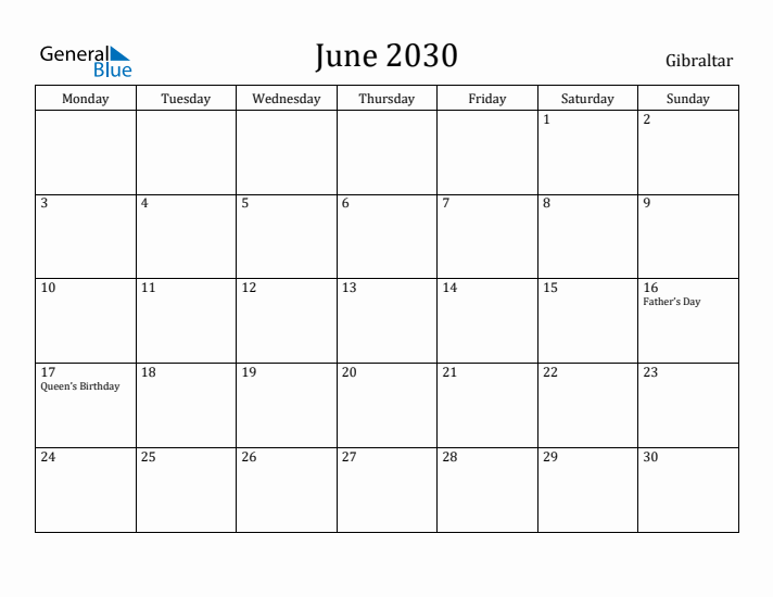 June 2030 Calendar Gibraltar