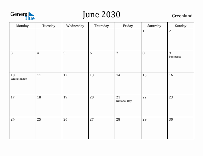June 2030 Calendar Greenland