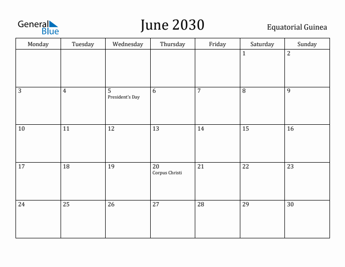 June 2030 Calendar Equatorial Guinea