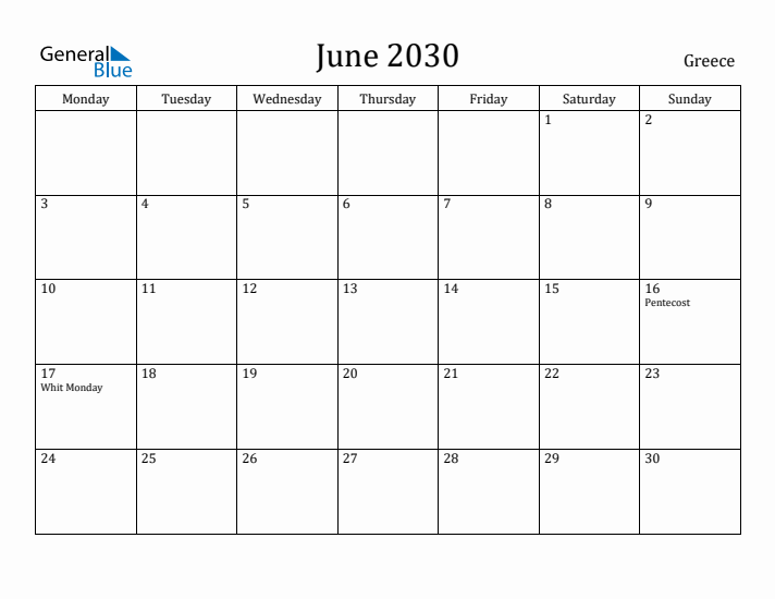 June 2030 Calendar Greece