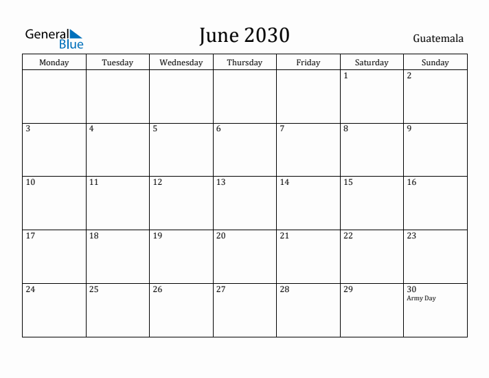 June 2030 Calendar Guatemala