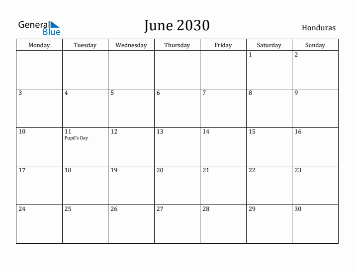 June 2030 Calendar Honduras