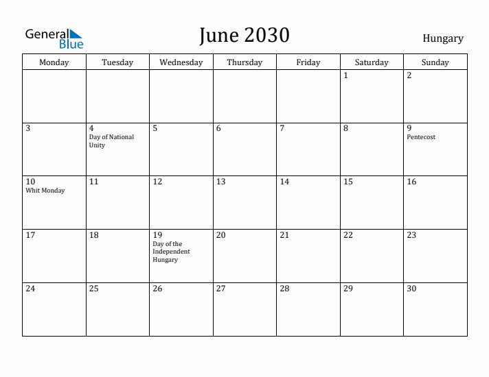June 2030 Calendar Hungary