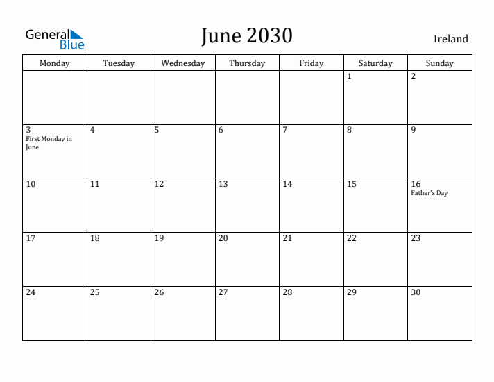 June 2030 Calendar Ireland