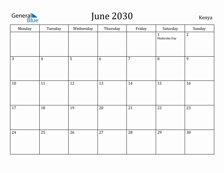 June 2030 Calendar Kenya