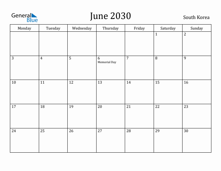 June 2030 Calendar South Korea