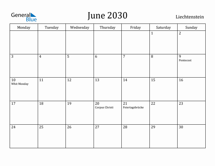 June 2030 Calendar Liechtenstein