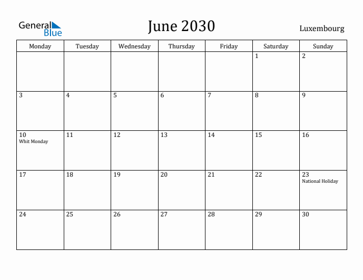 June 2030 Calendar Luxembourg