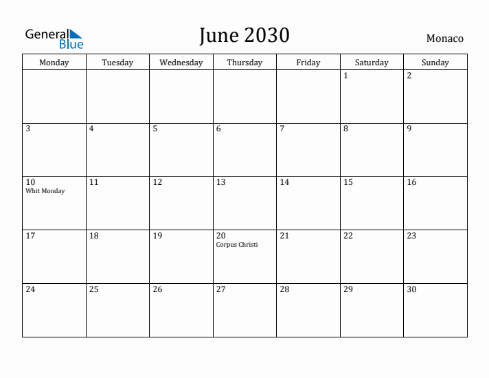 June 2030 Calendar Monaco