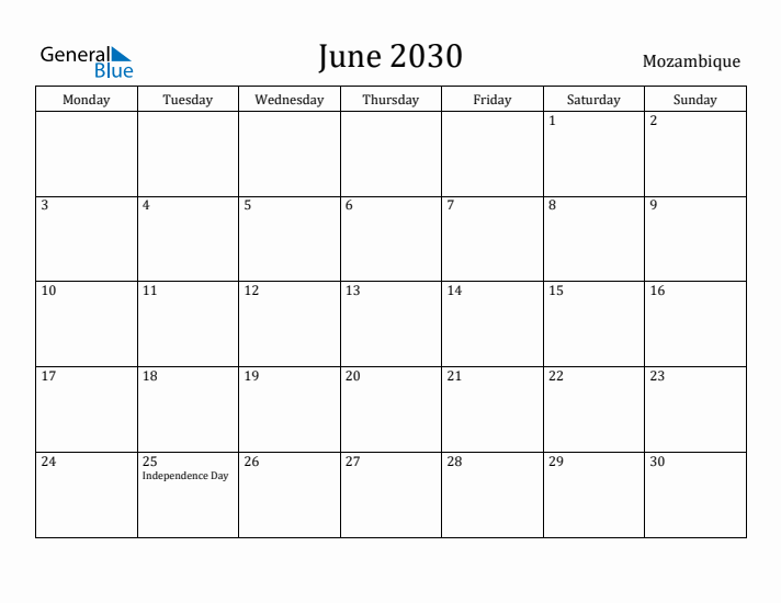 June 2030 Calendar Mozambique