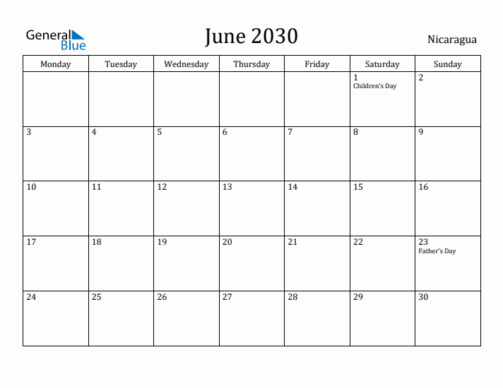 June 2030 Calendar Nicaragua