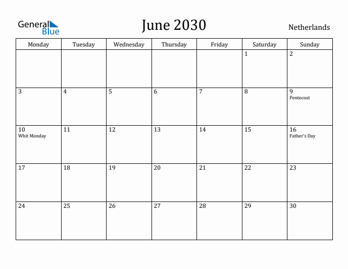 June 2030 Calendar The Netherlands