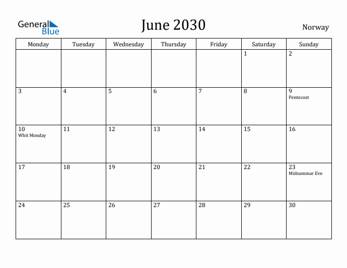 June 2030 Calendar Norway