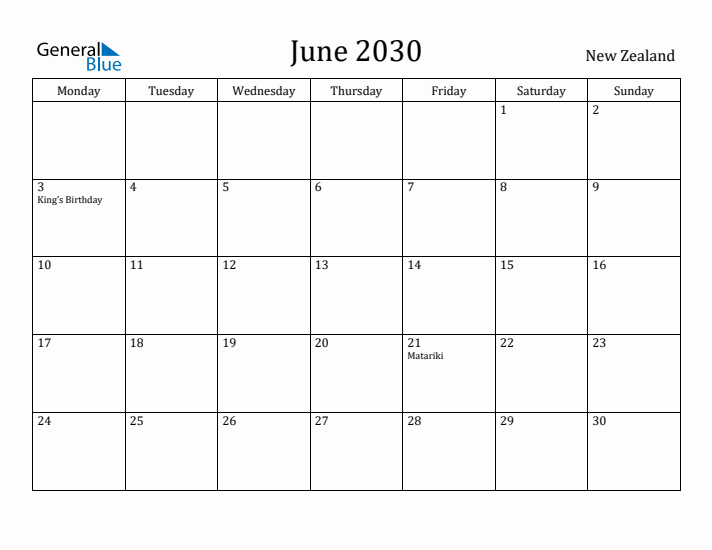 June 2030 Calendar New Zealand