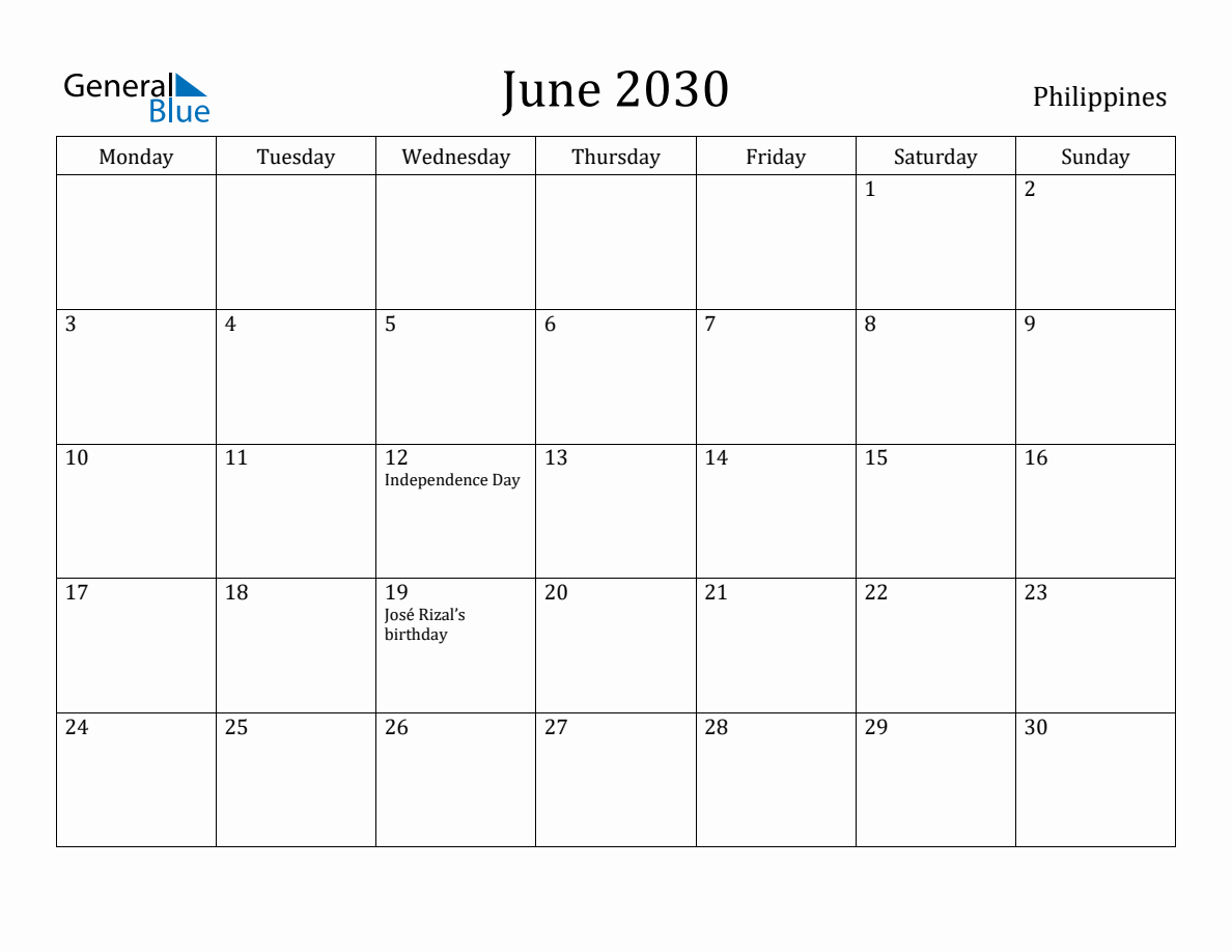 June 2030 - Philippines Monthly Calendar with Holidays