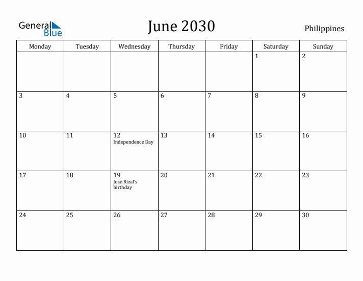 June 2030 Calendar Philippines