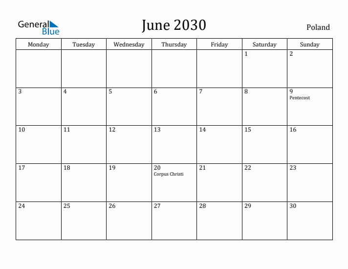 June 2030 Calendar Poland