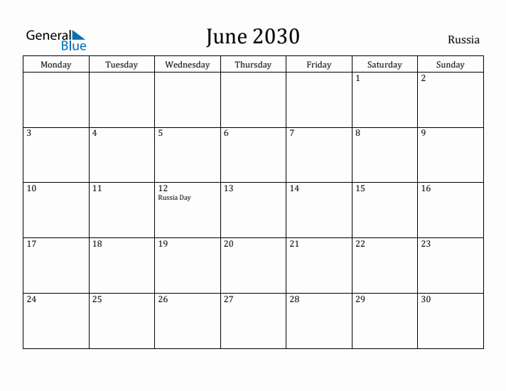 June 2030 Calendar Russia