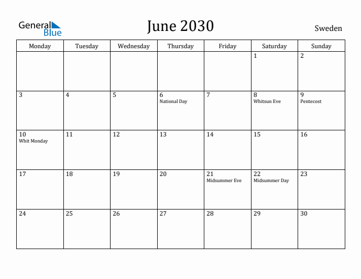 June 2030 Calendar Sweden