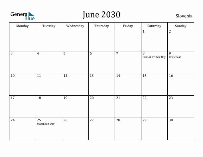 June 2030 Calendar Slovenia
