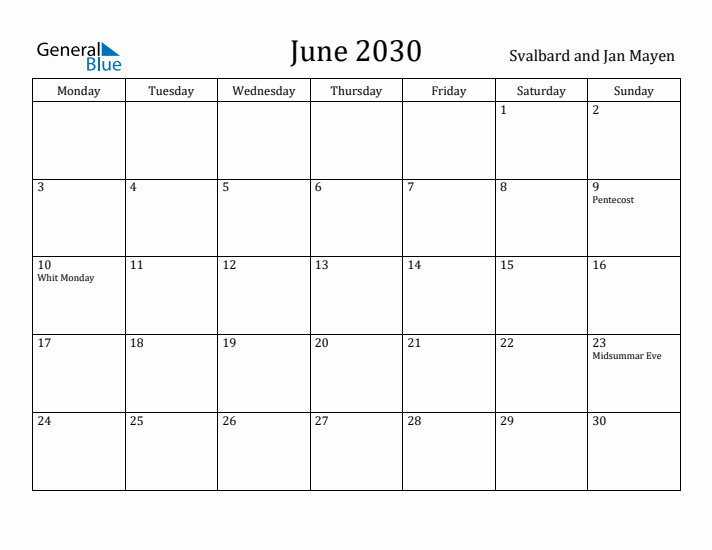 June 2030 Calendar Svalbard and Jan Mayen