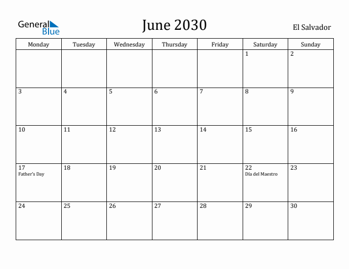 June 2030 Calendar El Salvador