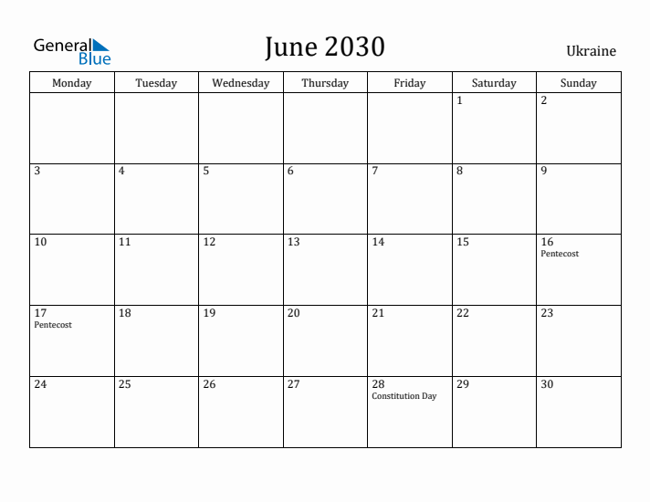 June 2030 Calendar Ukraine