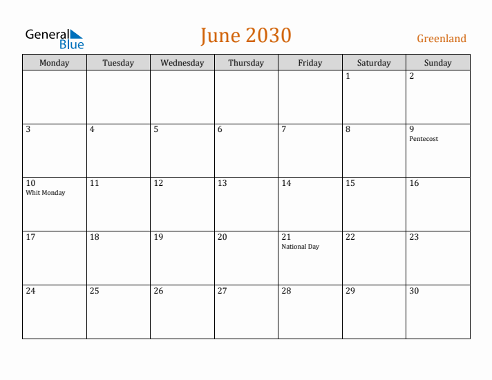 June 2030 Holiday Calendar with Monday Start