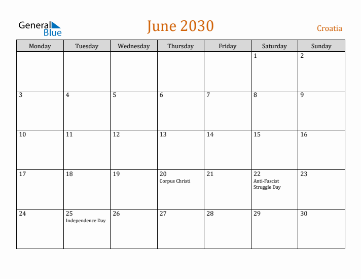 June 2030 Holiday Calendar with Monday Start