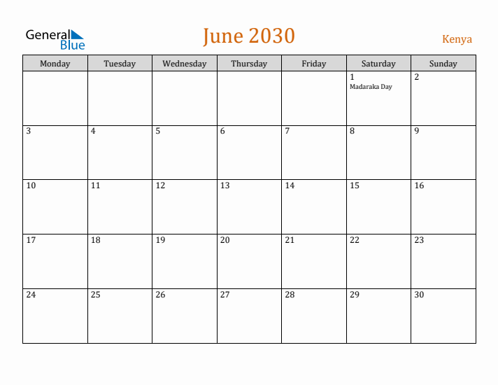 June 2030 Holiday Calendar with Monday Start