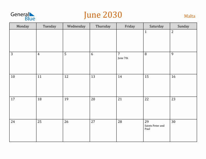 June 2030 Holiday Calendar with Monday Start