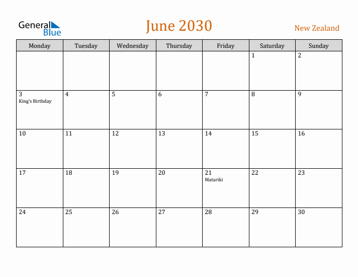 June 2030 Holiday Calendar with Monday Start