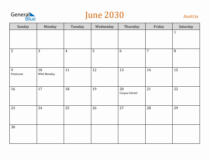 June 2030 Holiday Calendar with Sunday Start