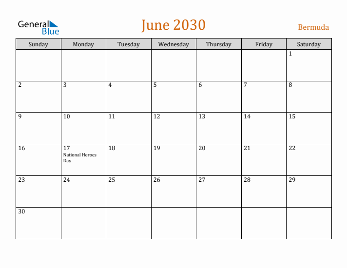 June 2030 Holiday Calendar with Sunday Start