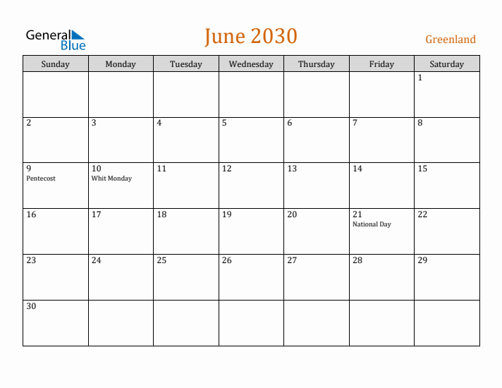 June 2030 Holiday Calendar with Sunday Start